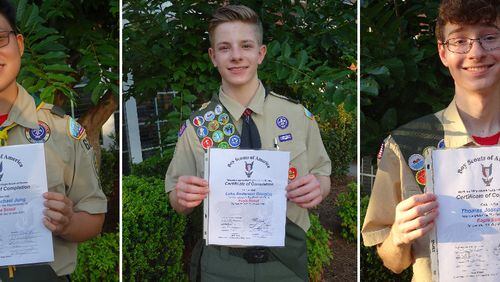 The Northern Ridge Boy Scout District (Cities of Roswell, Alpharetta, John’s Creek, Milton) is proud to announce its newest Eagle Scouts,  who passed their Board of Review, at the Kiddos Clubhouse in Alpharetta, on June 24 from left:
Justin Jung, of Troop 629, sponsored by Mt. Pisgah United Methodist Church, whose project was the design and construction of a 2 foot tall by 40 foot retaining wall at Autry Mill Nature Preserve and Heritage Center
Luke Douglas, of Troop 10, sponsored by St. Benedicts Catholic Church, whose project was the design and construction of three picnic benches for Midway Community Church
Thomas Miller, of Troop 629, sponsored by Mt. Pisgah United Methodist Church, whose project was refurbishing the outdoor eating area of Taylor Road Middle School by replacing, sanding all the wood and re-staining of the existing picnic tables and landscaping.