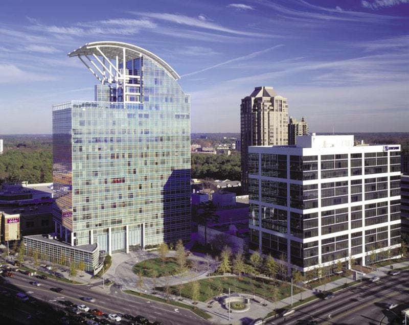 The crested Pinnacle building at 3455 Peachtree Road in Buckhead, left, opened in 1998. 