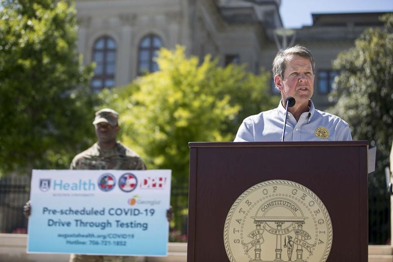 Georgia Gov. Brian Kemp speaks during a press conference at Liberty Plaza, across the street from the state Capitol building in Atlanta on Monday, April 20, 2020. Kemp revealed that he planned to allow some small businesses to open back up by the end of the week. (ALYSSA POINTER / Alyssa.Pointer@AJC.com)