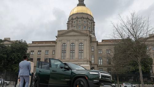 Views of a Rivian electric vehicle parked in front of the Georgia State Capitol for the first-ever Rivian Day on Wednesday, March 1, 2023. (Natrice Miller / Natrice.miller@ajc.com)