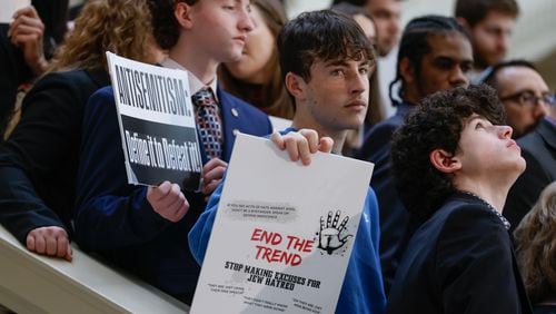 A stalled effort to make antisemitism a hate crime in Georgia is about to get a renewed push in the Legislature. Pictured are people at an antisemitism news conference at the state Capitol in Atlanta last February. (Natrice Miller/ natrice.miller@ajc.com)