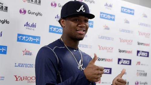 Braves outfielder Ronald Acuna poses for photographs during his 'National Lague Rookie of the Year' press conference prior to the game four between Japan and  MLB All Stars at Mazda Zoom Zoom Stadium on Nov. 13, 2018, in Hiroshima, Japan.