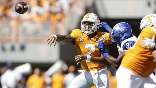 Jarrett Guarantano of the Tennessee Volunteers throws a pass against Georgia State Panthers in the season opener at Neyland Stadium on August 31, 2019 in Knoxville, Tennessee. (Photo by Silas Walker/Getty Images)
