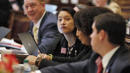 State Rep. Bee Nguyen, D-Atlanta, watches the votes come in on bills during this year’s General Assembly session. Bob Andres / bandres@ajc.com