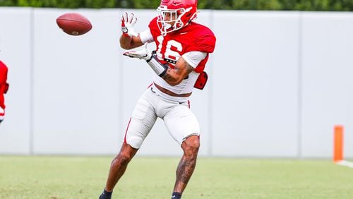Georgia wide receiver Demetris Robertson (16), catching in practice this week, is one of at least 20 players on the Bulldogs' who had at least one 5-star recruiting ranking coming out of high school (Tony Walsh/UGA)