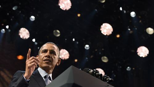President Barack Obama speaks at the Richard Rodgers Theatre in New York on Monday at a Democratic National Committee fundraiser. AP/Susan Walsh