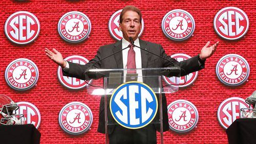 July 18, 2018 Atlanta: Alabama head coach Nick Saban holds his SEC Media Days press conference at the College Football Hall of Fame on Wednesday, July 18, 2018, in Atlanta.     Curtis Compton/ccompton@ajc.com