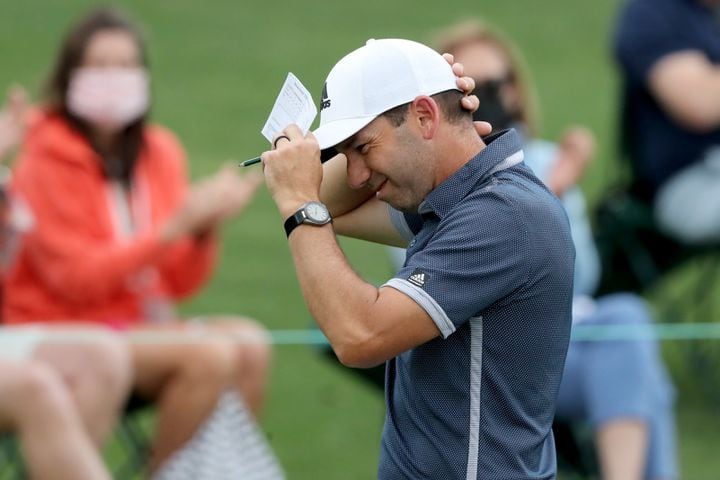April 9, 2021, Augusta: Sergio Garcia reacts as he walks off of the eighteenth green finishing his second round during the Masters at Augusta National Golf Club on Friday, April 9, 2021, in Augusta. Curtis Compton/ccompton@ajc.com