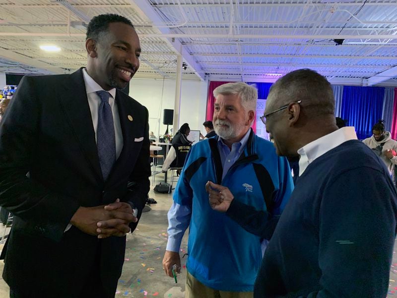 Atlanta mayor Andre Dickens talk to Lonnie Johnson, who runs Johnson STEM Activity Center at a big Meta VR launch party on Nov. 15, 2022. RODNEY HO/rho@ajc.com