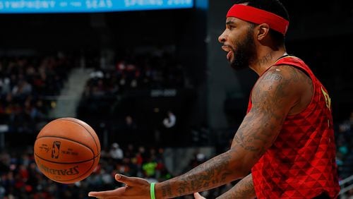 Hawks' Malcolm Delaney reacts during the game against the Detroit Pistons at Philips Arena on Feb. 11, 2018 in Atlanta.