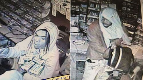 Surveillance photos show two men sought in connection with theft of guns from vehicles, as well as other incidents in Cartersville.