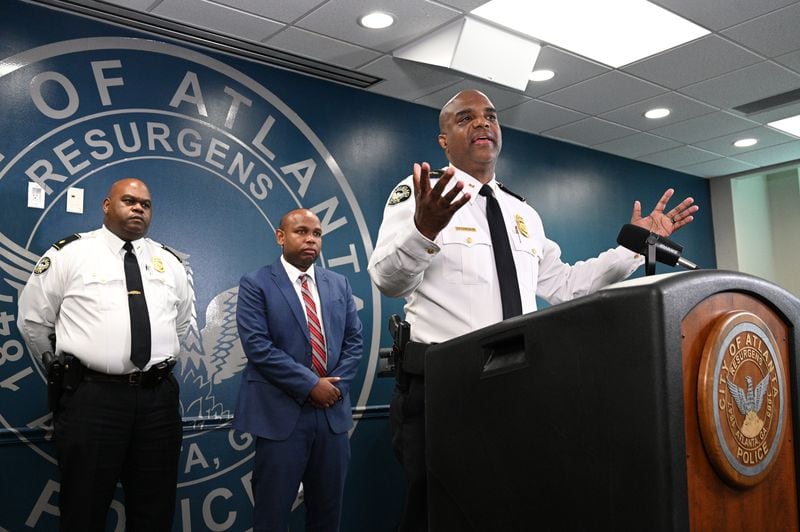 July 28, 2022 Atlanta - Deputy Chief Charles Hampton, Jr. speaks to members of the press during a press conference on two unsolved homicides: Katie Janness and David Mack at Atlanta Public Safety Headquarters in Atlanta on Thursday, July 28, 2022. The Presser was being held on the anniversary of Janness' death last year in Piedmont Park. Mack, 12, was found shot to death near his home in February 2021. (Hyosub Shin / Hyosub.Shin@ajc.com)