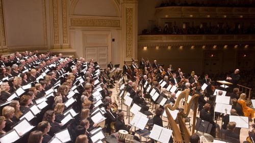 Robert Spano leading the Atlanta Symphony Orchestra and Chorus at Carnegie Hall, 4/5/08. Photo by Chris Lee. The Atlanta Symphony Orchestra and Chorus, shown performing at Carnegie Hall, will open the 2015-16 season at the UGA Performing Arts Center on Sept. 20. CONTRIBUTED BY CHRIS LEE