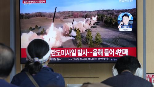 A TV screen shows a file image of North Korea's missiles launch during a news program at the Seoul Railway Station in Seoul, South Korea, Monday, April 22, 2024. North Korea fired multiple suspected short-range ballistic missiles toward its eastern waters on Monday, South Korea's military said, the latest in a recent series of weapons launches by the North. (AP Photo/Ahn Young-joon)