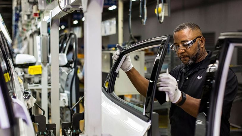 Georgia’s only auto assembly plant, the 2,700-worker Kia factory near West Point, is slated to start operations again Monday. (AJC file photo)