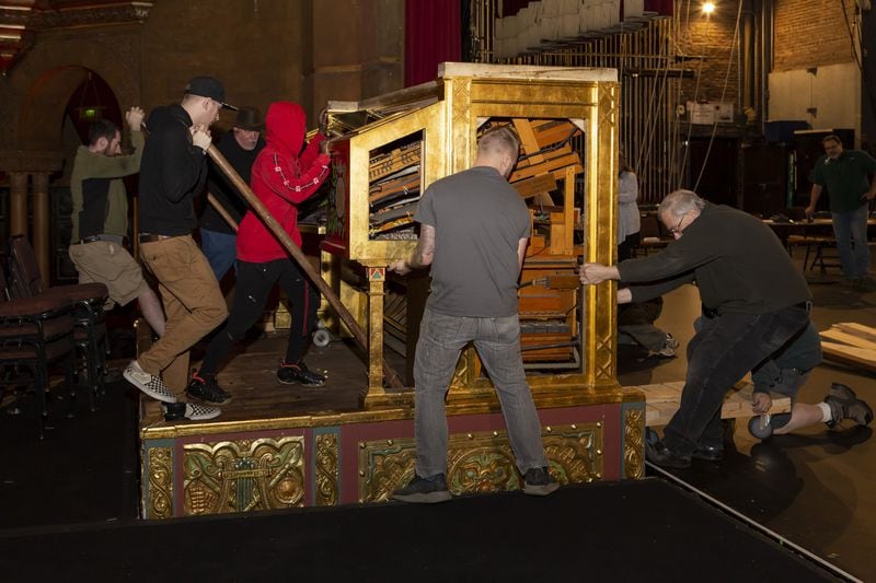 For the first time in 25 years, the console of the Mighty Mo theater organ at the Fox Theatre is lifted off of its custom elevator. The console will be rebuilt during the course of the year, with updated technology wedded to its 19th-century brain. CONTRIBUTED: JO MCCUNE PHOTOGRAPHY/FOX THEATRE