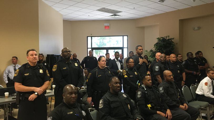 About 50 police officers watched as the DeKalb County Board of Commissioners rejected pay raises Tuesday, Feb. 28, 2017. MARK NIESSE / MARK.NIESSE@AJC.COM