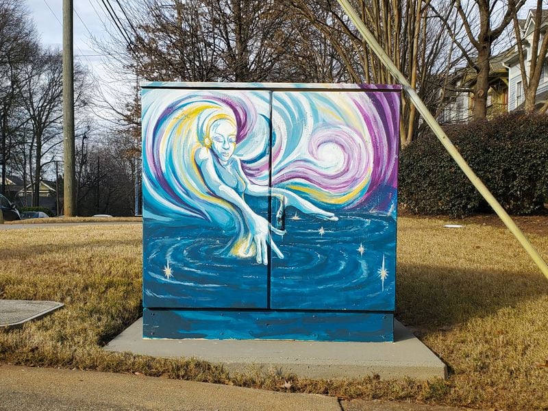 An Little Five Points utility box painted by TeMika Grooms.