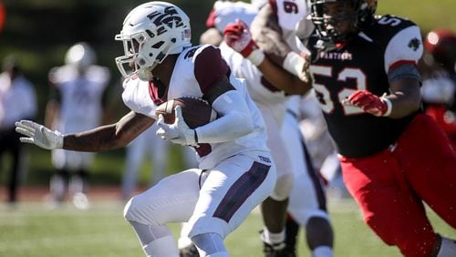Morehouse Maroon Tigers running back Frank Bailey, Jr. (2) runs the ball during a college football game against the Clark Atlanta Panthers, Saturday, Nov. 3, 2018, in Atlanta.  BRANDEN CAMP/SPECIAL