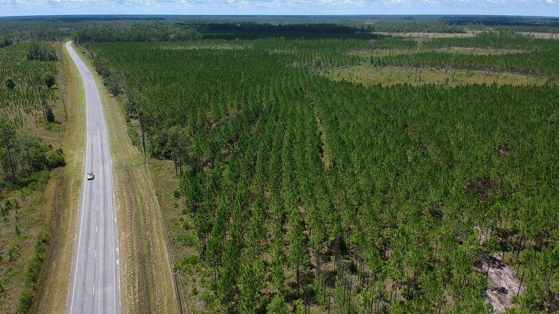 Aerial photography shows proposed mining site (right) located north of Ga. 94 (left vertical) in Saint George. In July, Alabama-based Twin Pines Minerals applied for a permit to mine for titanium along Trail Ridge near the southeastern edge of the Okefenokee Swamp.
