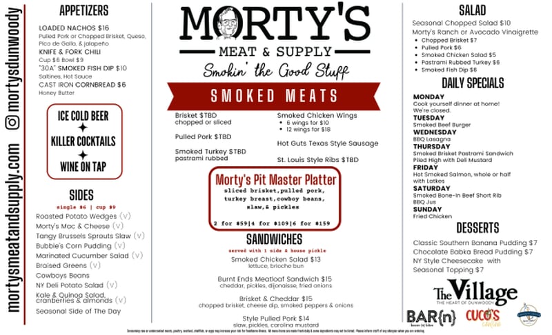 The menu for Morty's Meat & Supply