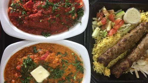Kabab Express excels at “Indo-Pak” seekh kebabs like lamb (right), as well as other South Asian classics like paneer tava (cheese in spicy red chili sauce, upper left) and Butter Chicken Gravy (lower left). CONTRIBUTED BY WENDELL BROCK