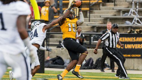 Kennesaw State's Justin Sumpter (15) catches a pass for a touchdown in Saturday's matchup between Kennesaw State and Monmouth, Saturday, Nov. 18, 2017. (Special by Cory Hancock)