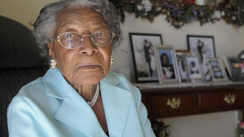 FILE - In this Oct. 7, 2010, file photo, Recy Taylor, now 91, sits in her home in Winter Haven, Fla. Oprah Winfreys barnstormer of a speech at the Golden Globes highlighted the story of Taylor, a black Alabama woman who was raped by six white men in 1944. Winfrey told the audience that Taylor was a name they should know. (AP Photo/Phelan M. Ebenhack, File)