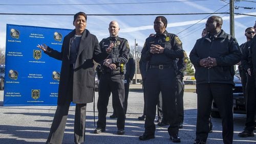 DeKalb County Police Chief Mirtha V. Ramos (left) speaks to members of the DeKalb County police department during a community roll call at the Wesley Center Square shopping center in Decatur, on Wednesday, January 22, 2020. (ALYSSA POINTER/ALYSSA.POINTER@AJC.COM)