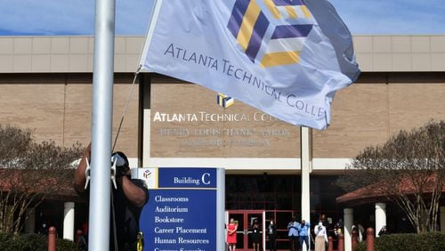 Atlanta Technical College lowered flags to half-staff to honor Hank Aaron earlier this year. Georgia manages leases on classroom buildings for technical colleges. (Hyosub Shin / Hyosub.Shin@ajc.com)
