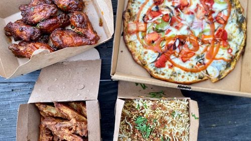 Takeout offerings from Bhojanic and Tandoori Pizza & Wing Co. include: wings with mango-chili sauce; classic tandoori chicken pizza; and chicken biriyani and masala fries. Wendell Brock for The Atlanta Journal-Constitution