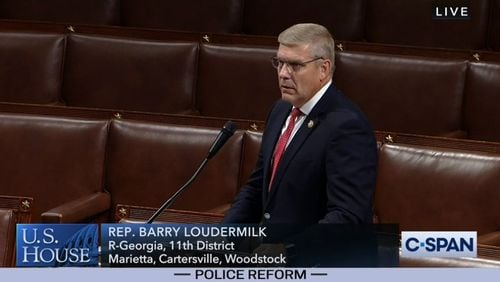 Screenshot of C-SPAN feed as U.S. Rep. Barry Loudermilk, R-Cassville, speaks on the House floor during debate on the George Floyd Justice in Policing Act on Thursday, June 25, 2020.