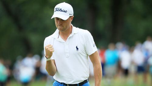 Justin Thomas  reacts to his par on the 12th hole during the final round of the BMW Championship at Medinah Country Club No. 3 on August 18, 2019 in Medinah, Illinois. (Photo by Sam Greenwood/Getty Images)