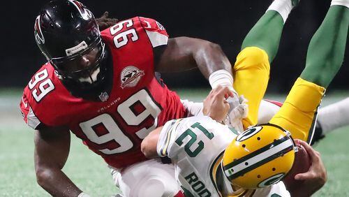 Falcons defensive end Adrian Clayborn sacks Aaron Rodgers for a loss during the Sept. 17 home opener against the Packers. Here's a week-by-week breakdown of the 2017 schedule, including the most recent win by the Falcons over the Packers. Curtis Compton/ccompton@ajc.com.