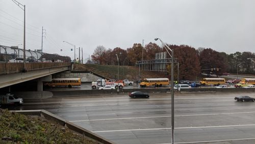 Three Rockdale County school buses were traveling together to a field trip Friday morning, the school system said.