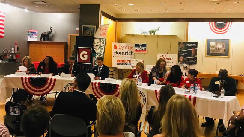 Republican candidates for the 7th Congressional District  in 2020 prepare for a Monday night forum at Gwinnett GOP headquarters inside Gwinnett Place Mall. TYLER ESTEP / TYLER.ESTEP@AJC.COM