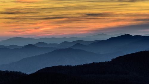 Layers of mountain ridges at sunrise taken from peaks of the Blue Ridge Mountains in Norh Carolina.