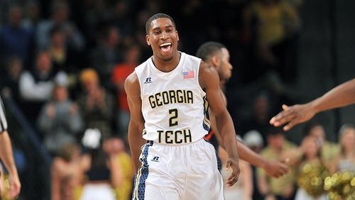 December 3, 2013 Atlanta - Georgia Tech Yellow Jackets guard Solomon Poole (2) celebrates after they defeated the Illinois Fighting Illini during the Big Ten/ACC Challenge game at McCamish Pavilion on Tuesday, December 3, 2013. Georgia Tech Yellow Jackets won 67 - 64 over the Illinois Fighting Illini. HYOSUB SHIN / HSHIN@AJC.COM Solomon Poole played 21 games for the Yellow Jackets, averaging 9 minutes and 1.8 points per game. (Hyosub Shin / AJC)
