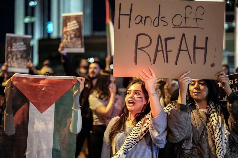 Demonstrators protest in solidarity with Gaza, outside the Israeli consulate in Istanbul, Monday, May 6, 2024. (AP Photo/Emrah Gurel)