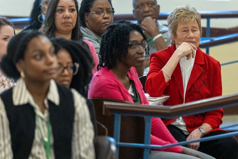 Dr. Kathleen Toomey (Right) listens to the speakers during the Community Health Worker Awareness Day at the Central Presbyterian Church Tuesday, Mar. 7, 2023.  (Steve Schaefer/steve.schaefer@ajc.com)