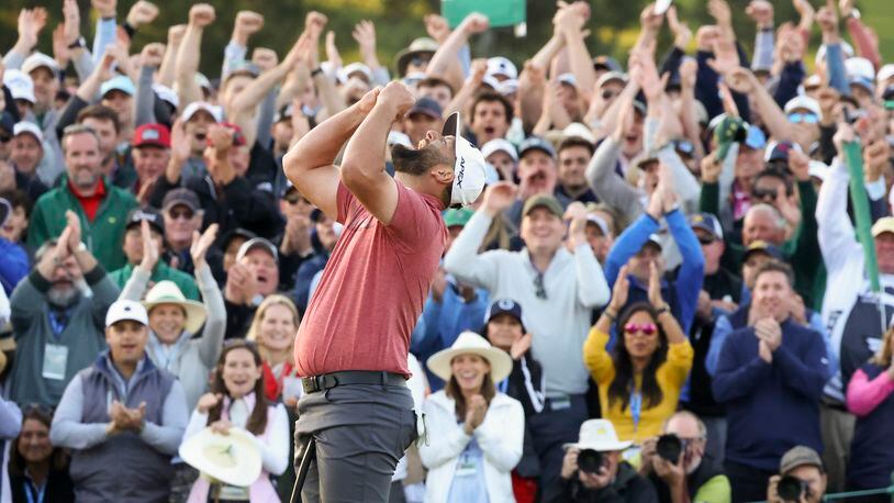 Jon Rahm celebrates winning the 2023 Masters Tournament at Augusta National Golf Club, Sunday, April 9 2023, in Augusta, GA.(Jason Getz / Jason.Getz@ajc.com)