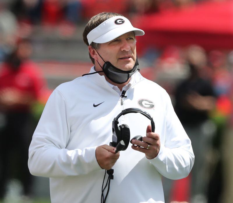 Kirby Smart directs the G-Day Game at Sanford Stadium on Saturday, April 17, 2021, in Athens. (Curtis Compton / Curtis.Compton@ajc.com)