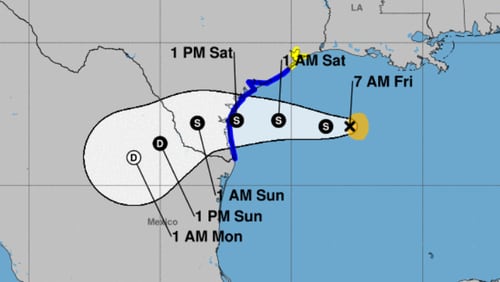 Tropical Storm Hanna was expected to strengthen Friday as it moves toward the Texas coastline, threatening to bring heavy rain, rough waters and strong winds, all while another tropical storm continued to approach the Caribbean. Image NWS