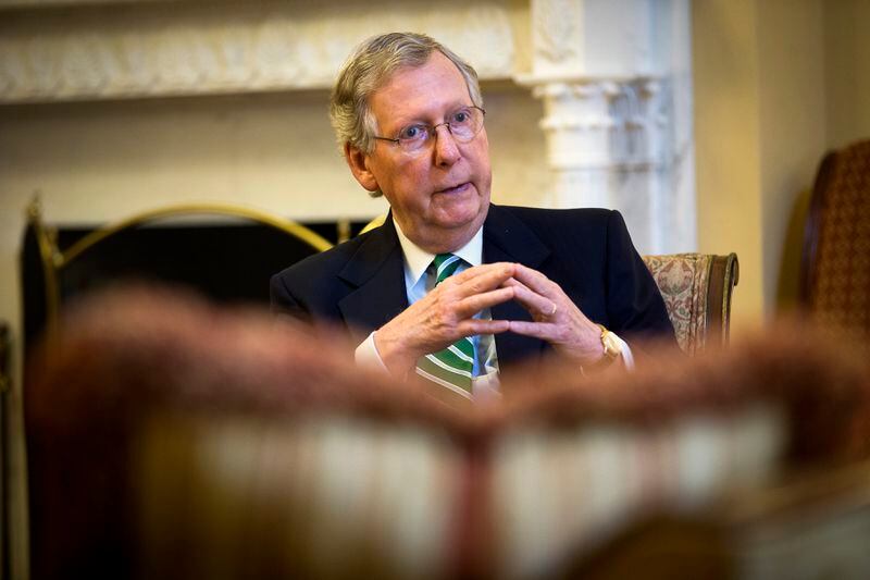 FILE -- Sen. Mitch McConnell, the majority leader, who has put together a series of proposals, many of them measures to tighten tax law compliance, others to trim spending, at his office in Washington, June 25, 2015. More than 30 times over the past six years, Congress has mustered the money only for short-term extensions of the federal highway trust fund, the equivalent of repeatedly putting $5 of gas in an empty tank. (Doug Mills/The New York Times)