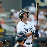 Georgia Tech first baseman Cam Jones ponders an at-bat during the first inning against Auburn at Russ Chandler Stadium, Tuesday, May 7, 2024, in Atlanta. Jones plays first base, outfield and is also a pitcher for the Jackets. (Jason Getz / AJC)
