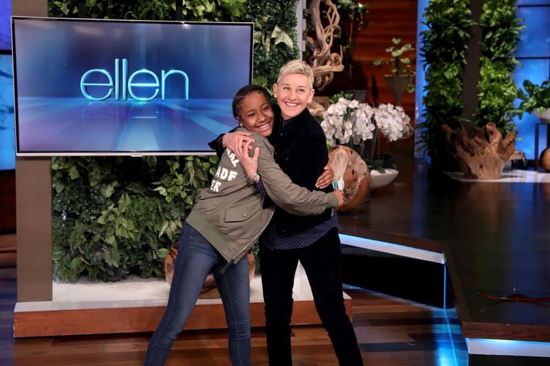 In this photo released by Warner Bros., talk show host Ellen DeGeneres is seen hugging Fayetteville teen Jalaiah Harmon during a taping of "The Ellen DeGeneres Show." (Photo by Michael Rozman/Warner Bros.)