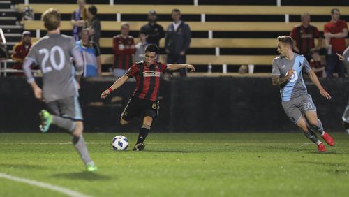 Atlanta United Ezequiel Barco scores his first goal for Atlanta United on Wednesday. The curling shot came in the 85th minute against Minnesota United. (Atlanta United)