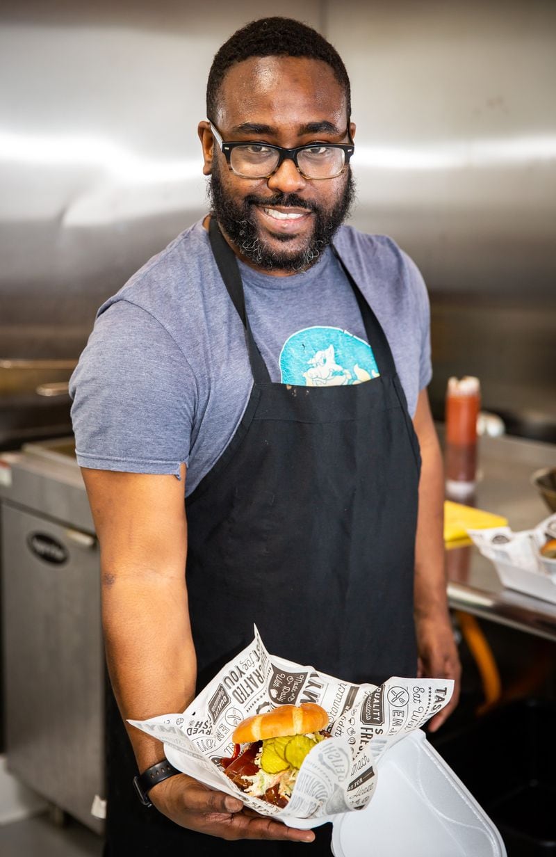 Terry Sargent, chef-owner of Grass VBQ Joint, an Atlanta-based takeout and catering operation, shows off some of his vegan barbecue. (Styling by Terry Sargent / Ryan Fleisher for the AJC)