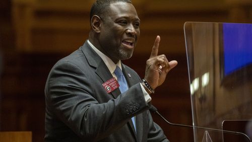 Rep. Demetrius Douglas, D-Stockbridge, speaks in the House Chambers on March 1, 2021. He introduced House Bill 1283, which passed Monday in a 159-6 vote.(Alyssa Pointer / Alyssa.Pointer@ajc.com)