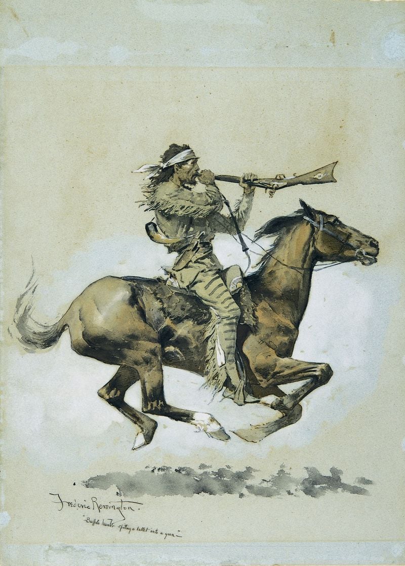 “Buffalo Hunter Spitting a Bullet Into a Gun” demonstrated Frederic Remington’s familiarity with the Old West. It’s among the 70 paintings, sculptures and artifacts that are on display at the Booth Western Art Museum in an exhibit titled ‘Treasures From the Frederic Remington Art Museum and Beyond.” CONTRIBUTED BY BOOTH WESTERN ART MUSEUM